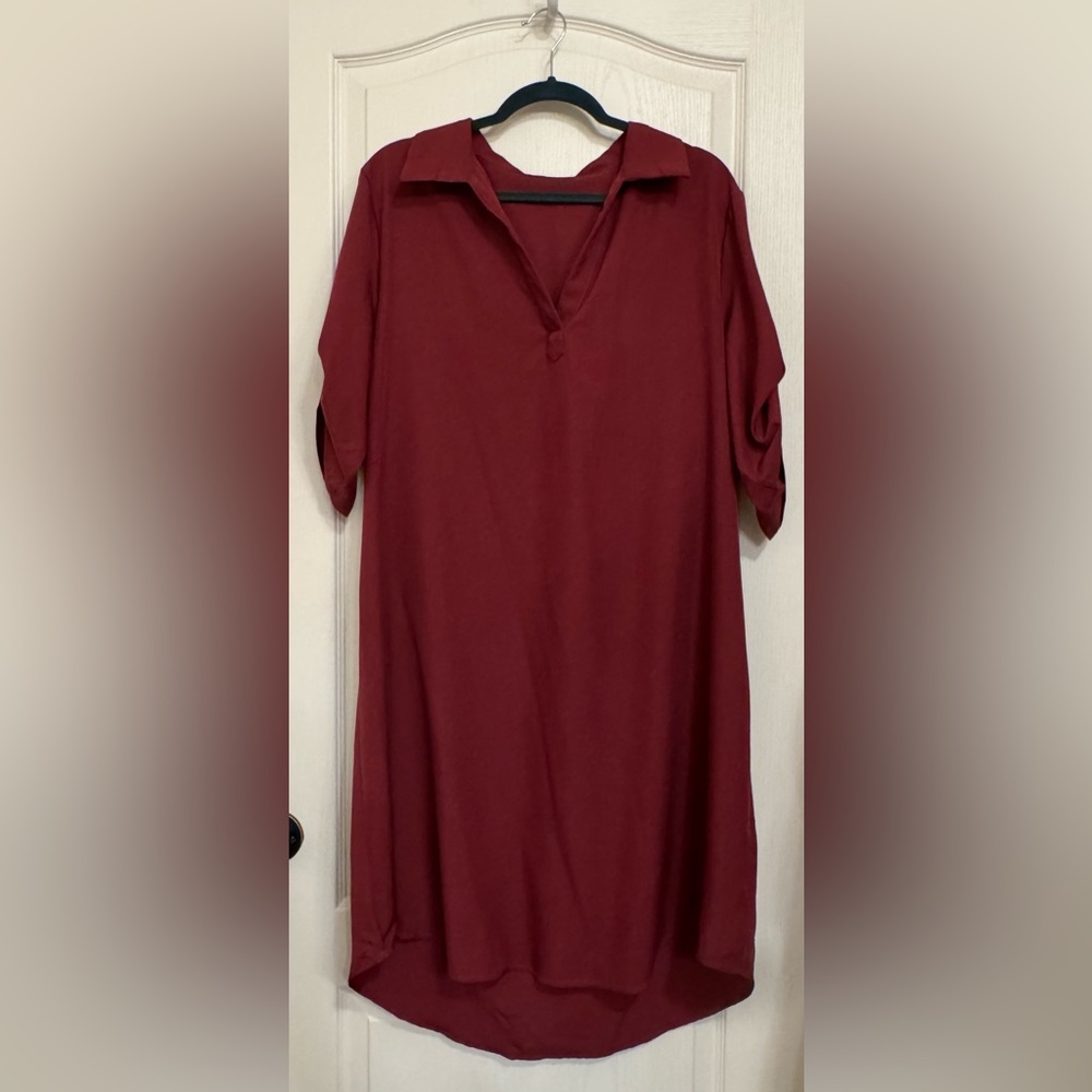 SHEIN Red V-neck Collared Midi Shirt Dress